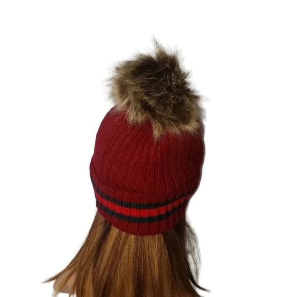 MAROON WINTER  FAUX FUR  POM POM HAT